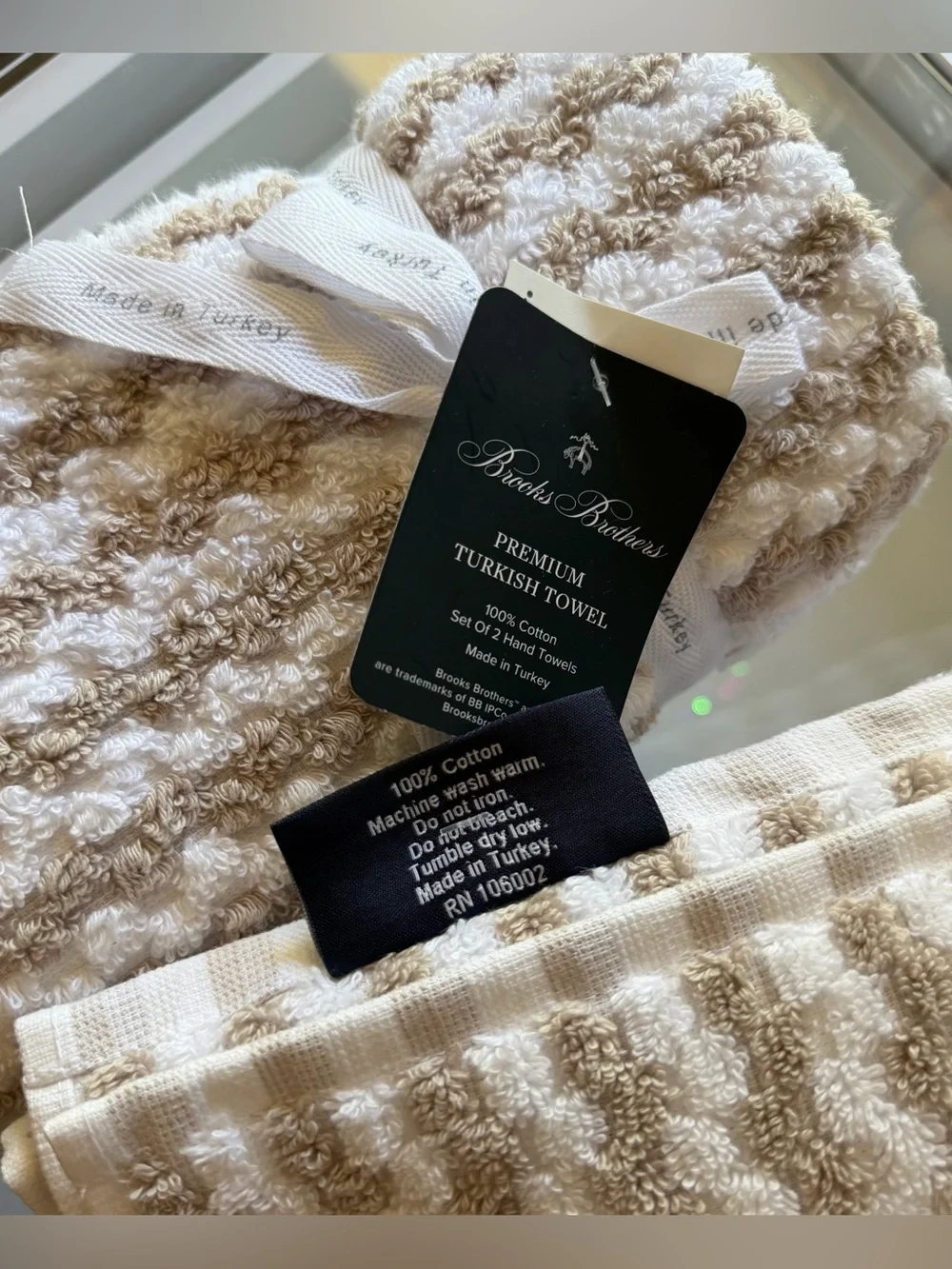4 pc BROOKS BROTHERS Tan White THICK PLUSH Bath Hand Tip TURKISH Towel Set New
